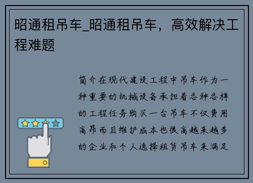 昭通租吊车_昭通租吊车，高效解决工程难题
