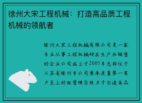徐州大宋工程机械:打造高品质工程机械的领航者